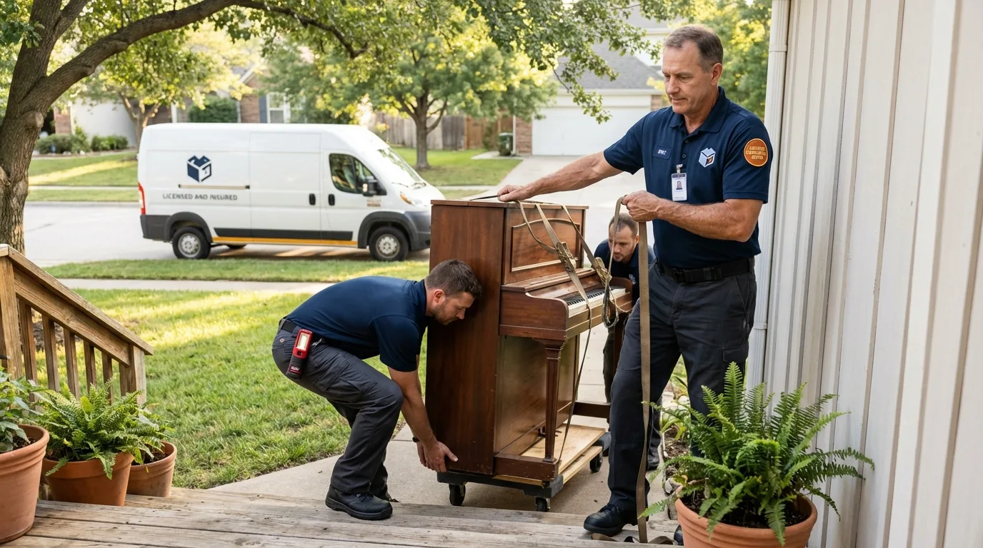 Licensed piano movers securing grand piano in Coaldale, PA