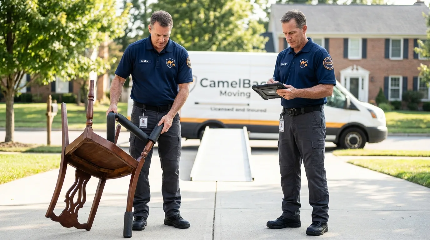 Movers inspecting furniture for damage prevention before loading in Coaldale, PA