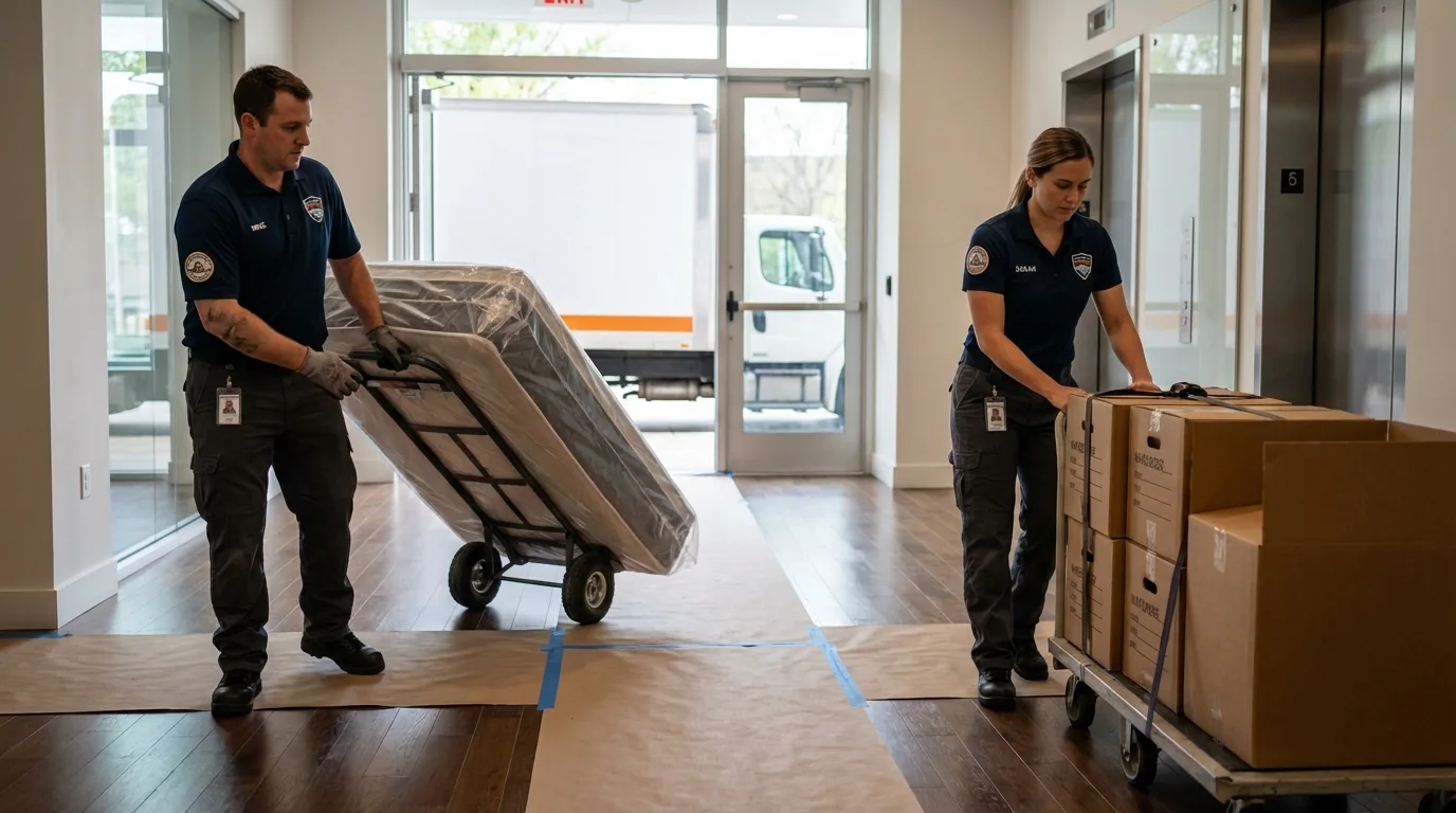 Professional apartment movers loading elevator in Coaldale, PA